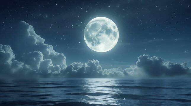 Full moon shining over the dark sea with clouds in the night sky - Powered by Adobe