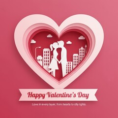 Papercut couple kissing in heart shaped city skyline for Valentine's Day love
