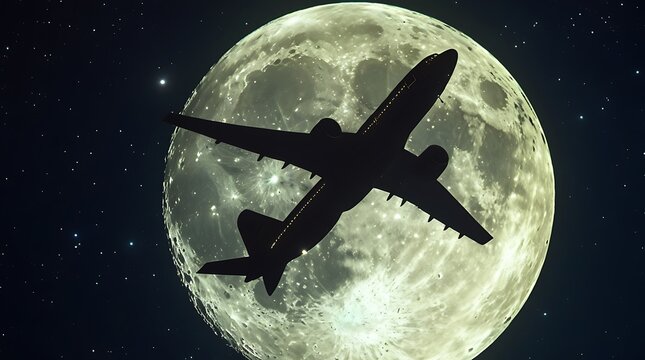 Airplane flying in the night sky with moon