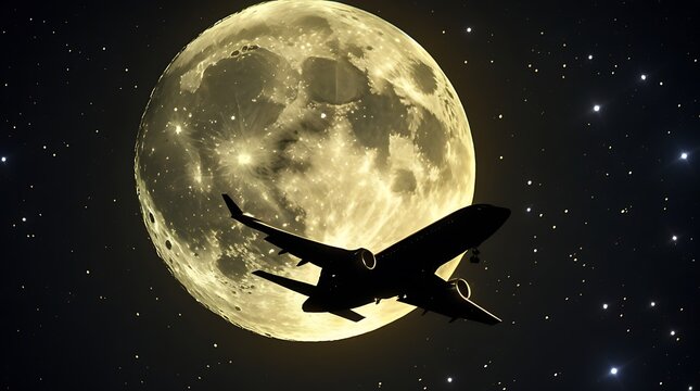 Moon with stars and an airplane in the night sky - Powered by Adobe