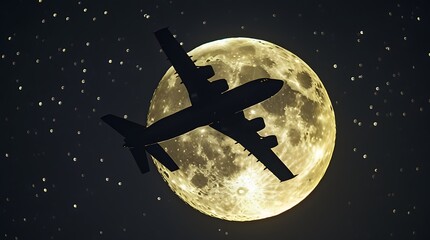 Airplane flying past the moon in the night sky over Earth