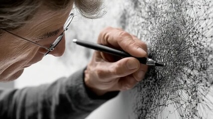 Elderly Artist Creating Intricate Line Art on Canvas