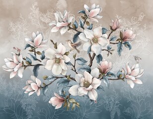 Luxury magnolia flower wallpaper mural illustration, blooming magnolia branches with birds on beige to blue gradient background, elegant botanical wall art for home décor, high-resolution floral