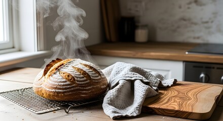 Freshly baked sourdough bread steaming on a cooling rack baking