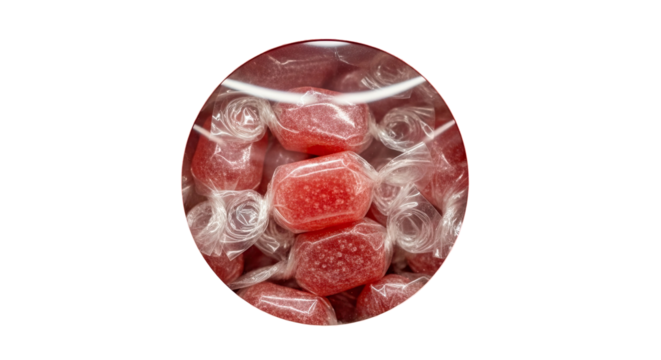 Red packaging holding strawberry candies visible behind rounded transparent window
