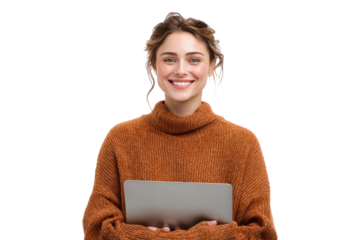 Young Happy Woman Holding Laptop Smiling Bright Casual Office Setting