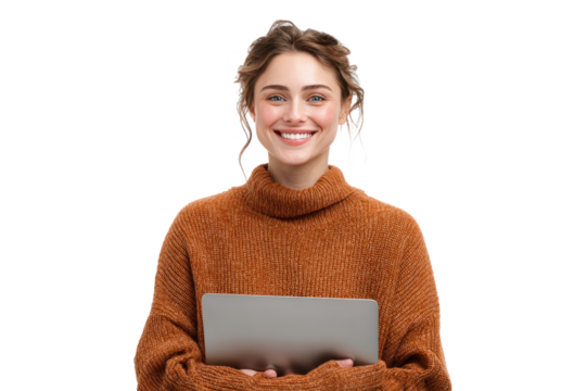 Young Happy Woman Holding Laptop Smiling Bright Casual Office Setting