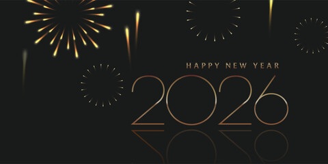 Happy New Year 2026 Golden letter with fireworks. Vector illustration.