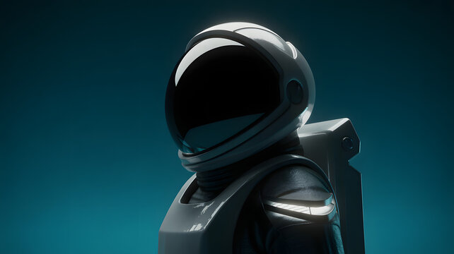 Futuristic astronaut in a sleek silver suit and helmet with a dark visor stands against a deep blue gradient background
