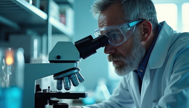 Mature male scientist intently looks through modern microscope in bright tech laboratory. Wears protective safety glasses, white lab coat. Focused chemist performs precise experiment, analyzes cell