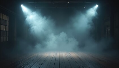Stage room with smoke effects. Illuminated wooden floor with spotlights. Dark interior with windows, empty space, mysterious fog. Industrial ambiance.
