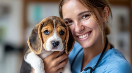 Joyful veterinarian with adorable beagle puppy in a clinic setting showcasing compassion and care for animals in a heartwarming portrait