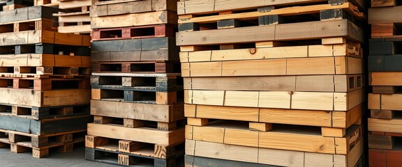 Stacked wooden pallets ready for fuel processing, lumber, industrial