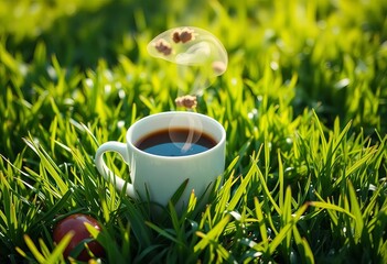 Steaming coffee cup on lush green grass, sunlight dappled, caffeinated, morning