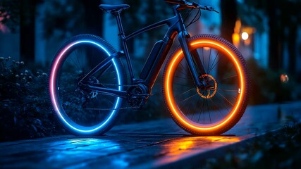 Electric bike with glowing wheels at twilight park - Powered by Adobe