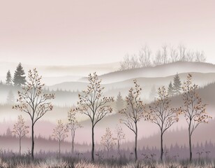 Obraz premium Dreamy misty forest landscape with slender deciduous trees and mountains, soft pastel sunset tones, serene nature scene, atmospheric wilderness wall mural background for interior home decor