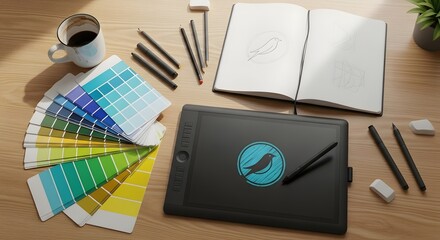 Graphic design tools on wooden desk with color swatches and coffee digital art tablet