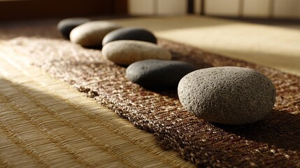 Find peace with zen stones arranged on woven mat for wellness blogs, spa promotions, or meditation retreats, inspiring calm and balance