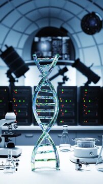 DNA Molecule Animation in Sci-Fi Lab with Blue Lighting Microscope and Telescopes in Background for Medical Research or Corporate Biotechnology Presentation Overlays