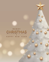 Christmas tree decorated with gold ornaments and lights. Vector illustration.	

