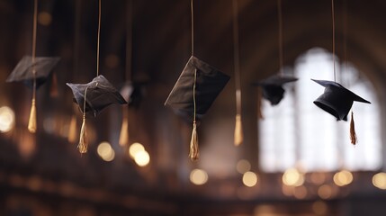 Graduation caps, hanging by strings with tassels, in a dimly lit hall with arched window and bokeh lights, close - up, copy space.