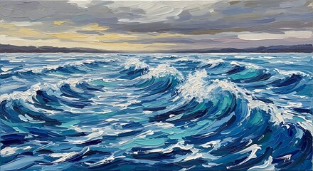 Dynamic ocean waves ripple under a dramatic sky, a vibrant seascape with energetic brushstrokes evoking a sense of powerful beauty and serene majesty