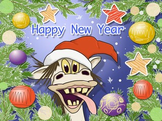 Funny horse in the form of Santa Claus in a New Year's frame. The horse is the symbol of 2026!