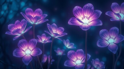 Enchanted Blooms: An array of glowing flowers radiate with an ethereal luminescence, their petals a vibrant display of color, casting a magical aura.