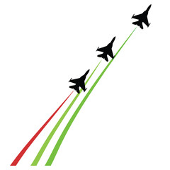 Fototapeta premium Dynamic fighter jets soaring upwards with vibrant contrails showcasing power and innovation for defense, technology, or travel concepts