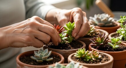 Hands planting small succulent plants in terracotta pots potting