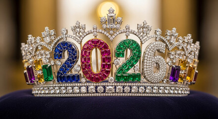 A dazzling tiara with the year 2026 in colorful gems, a symbol of a bright and sparkling future, perfect for new years celebrations and milestones