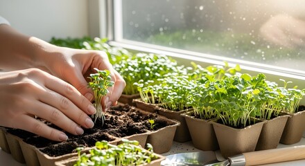 Hands planting tiny green seedlings in biodegradable pots on windowsill microgreens