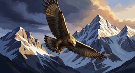 Majestic golden eagle soaring over snow-capped mountains, freedom, wildlife, dramatic sky, adventure concept.