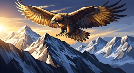Obraz premium Majestic golden eagle soaring above snow-capped mountains at sunrise, freedom and wild nature concept.