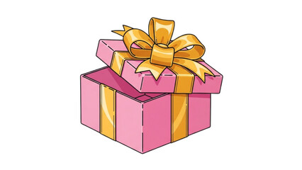 Vibrant pink gift box illustration with a golden ribbon, lid ajar, symbolizing surprise, generosity, and festive celebrations