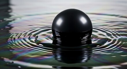 Stunning abstract of a black sphere creating mesmerizing ripples on iridescent fluid, perfect for modern design, technology concepts and innovative visuals