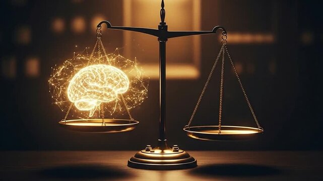 Balancing intellect: Scales of justice with a brain symbolizing cognitive equilibrium