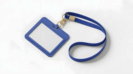 A blue lanyard with a clear plastic badge holder and a blank white card for identification or access