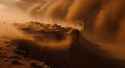 Dramatic desert village weathering fierce sandstorm on cliff edge, evoking mystery and adventure, perfect for fantasy book covers and cinematic visuals