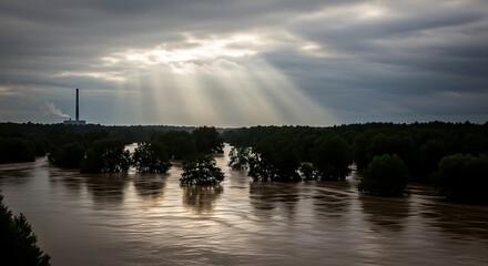 Dramatic floodwaters engulfing forest with sun rays piercing storm clouds creating eerie beauty for climate change awareness and environmental reports