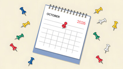 A spiral bound desk calendar open to october with a red pushpin marking a date and colorful thumbtacks scattered around the page
