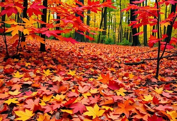 Vibrant red, orange, and yellow fallen leaves scattered on forest floor, decay, maple leaves