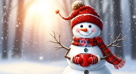Cheerful snowman holding a warm drink in a snowy winter wonderland landscape