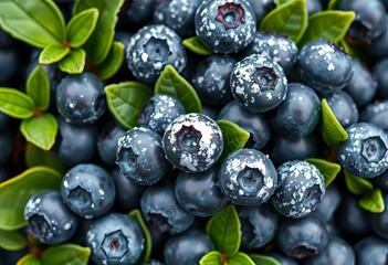Whimsical clusters of plump blueberries, some dusted with powdered sugar, nestled amongst delicate green leaves,  dessert,  summer