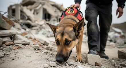 Loyal search and rescue dog working tirelessly amidst rubble, seeking survivors after devastating earthquake in disaster zone with emergency personnel