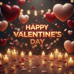 Red and pink hearts floating above lit candles and rose petals valentine love