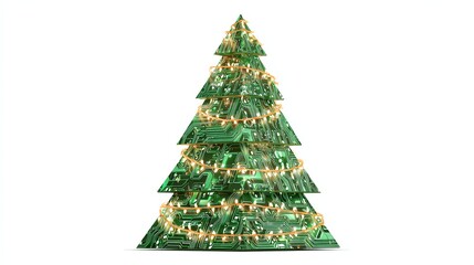 Obraz premium A creative depiction of a Christmas tree made of circuit boards and glowing lights.
