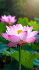 Obraz premium Close-up of vibrant pink and white lotus blossoms with yellow centers, against a green background, with sunlight