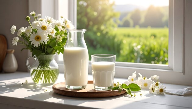 A sunlit windowsill displays a glass and a carafe of opaque white liquid. Beside them, daisies bloom. The background reveals a green meadow