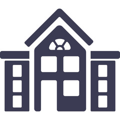 Simple Dark Blue Icon of a Multi Story Building with a Gabled Roof and Multiple Windows Against a Transparent Background